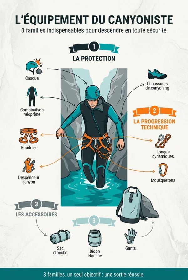 Quels postes d'équipement composent une tenue de canyoning complète ?
